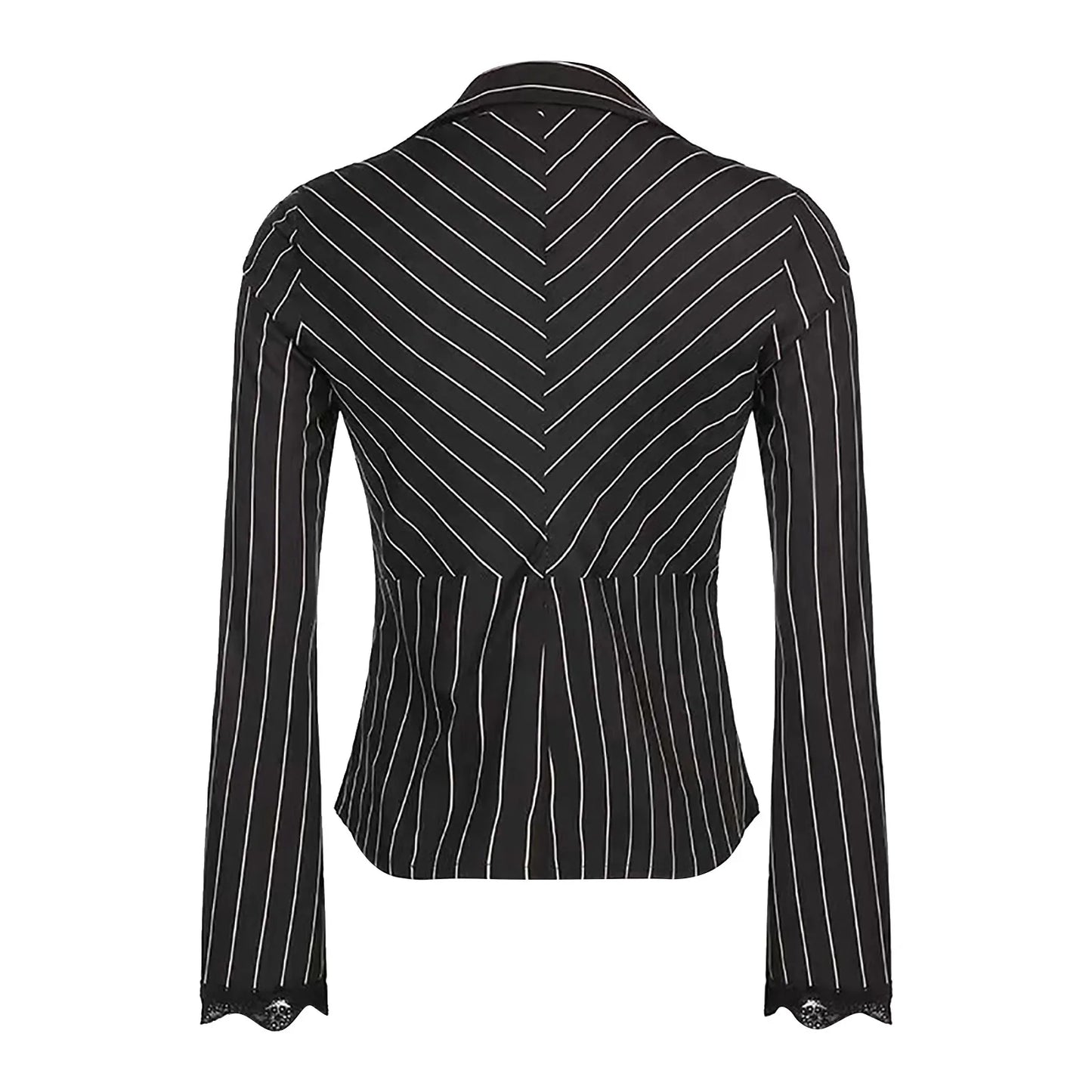 Haut Noir à Rayures Blanches avec Manches Évasées et Détails Dentelle