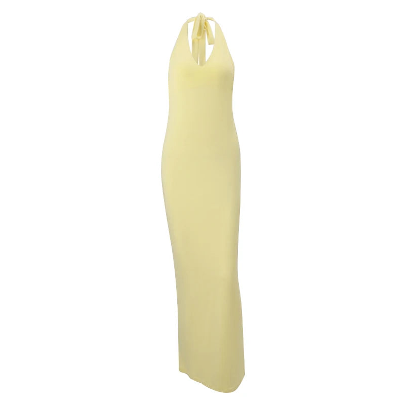 Robe Longue Jaune Pastel Dos Nu à Encolure Halter