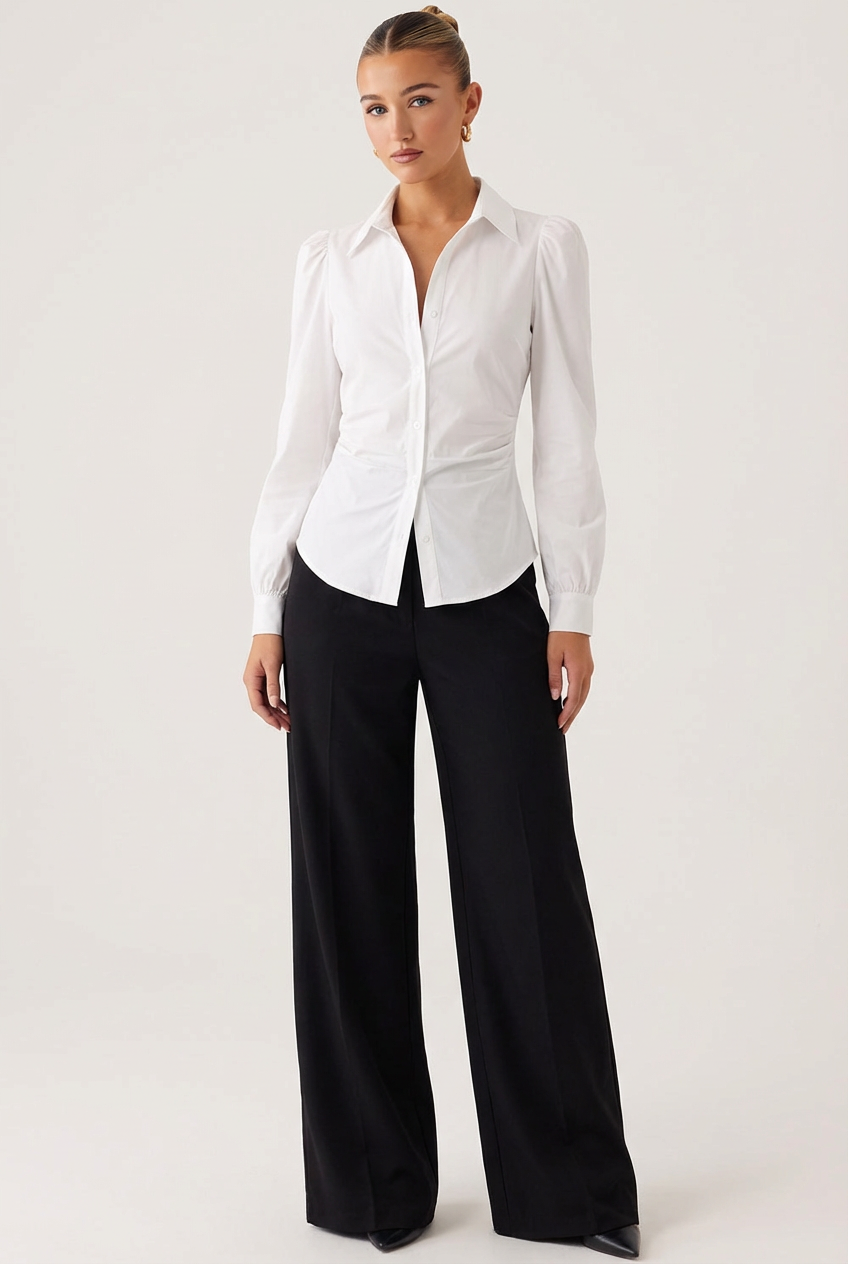 Chemise Blanche Ajustée pour Femme avec Manches Ballons et Taille Marquée