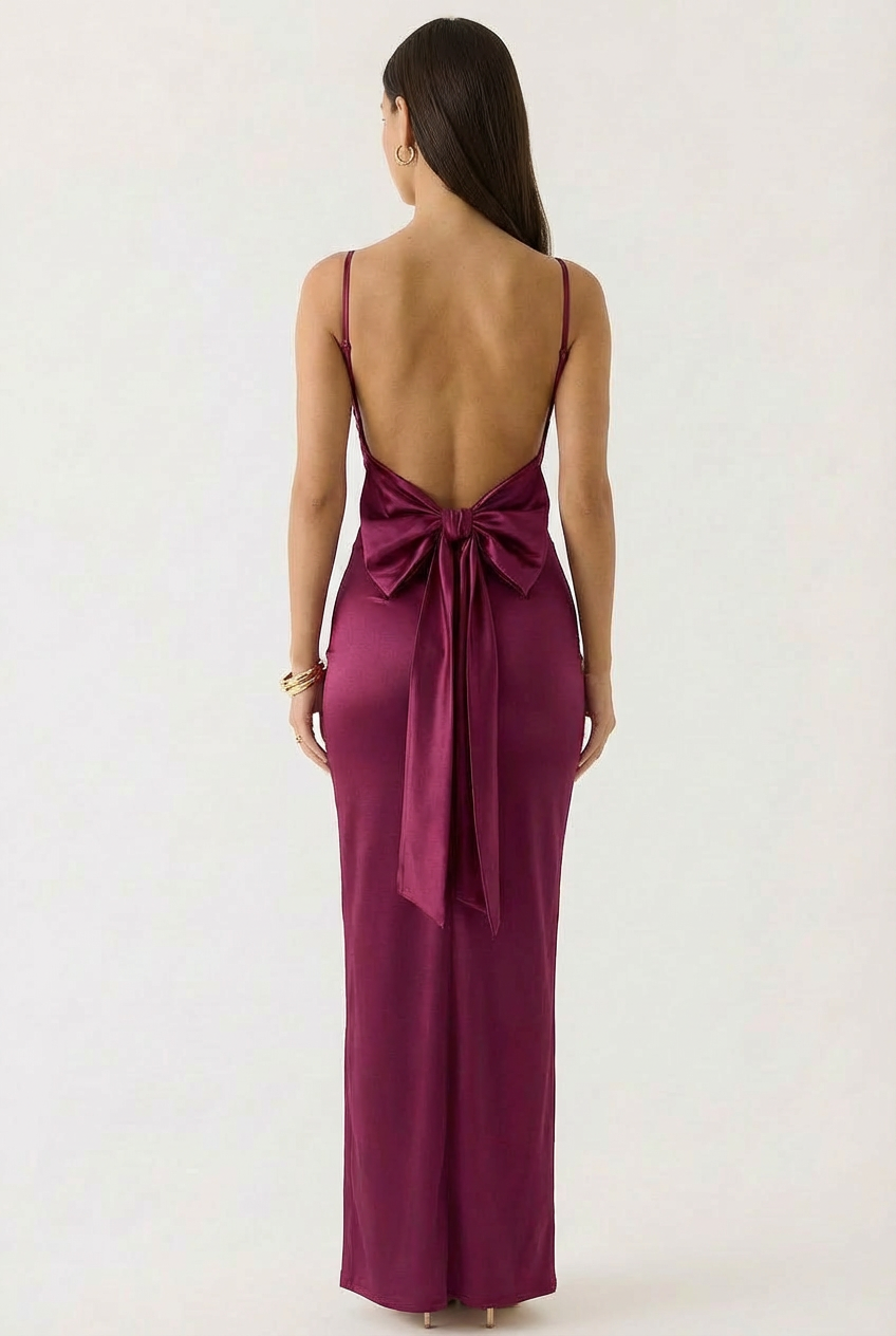 Robe Demoiselle d'Honneur Satinée à Bustier Plissé et Nœud Arrière