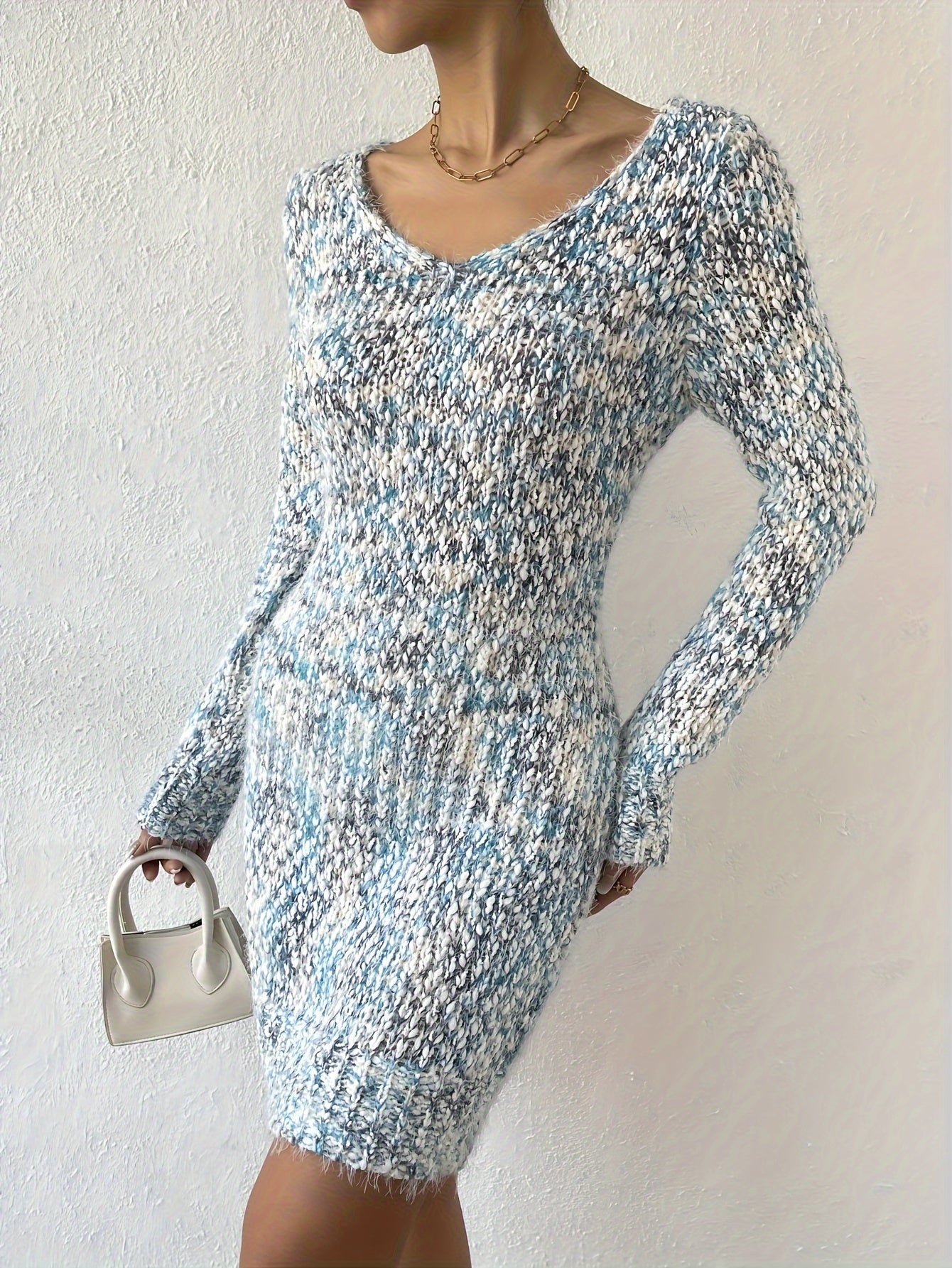 Colorful V Neck Bodycon Sweater Dress, Sexy Long Sleeve Knitted Dress For Fall & Winter, Women's Clothing