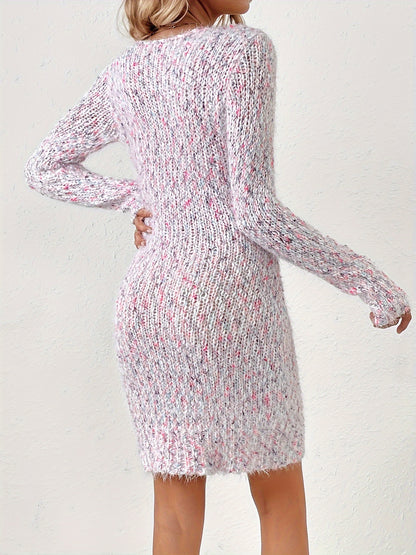 Colorful V Neck Bodycon Sweater Dress, Sexy Long Sleeve Knitted Dress For Fall & Winter, Women's Clothing