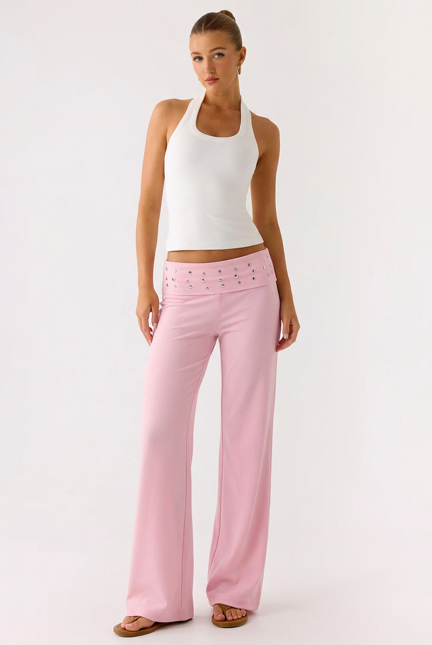 Pantalon Evasé Fluide à Taille Haute Ornée – Confort