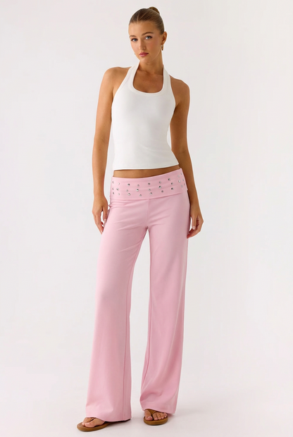 Pantalon Evasé Fluide à Taille Haute Ornée – Confort