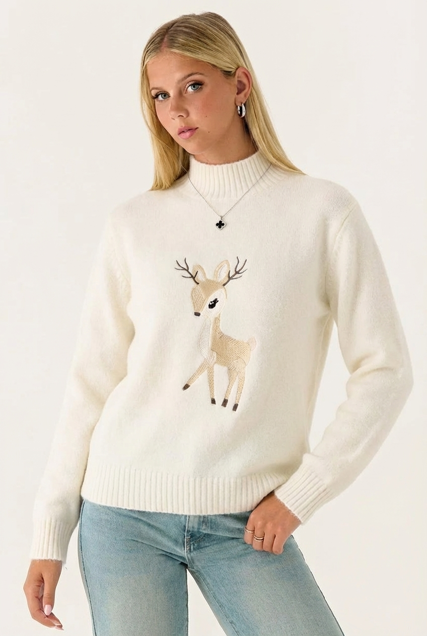 Sweat en Maille à Col Montant – Motif Animalier Brodé