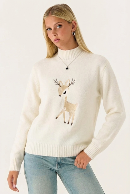 Sweat en Maille à Col Montant – Motif Animalier Brodé