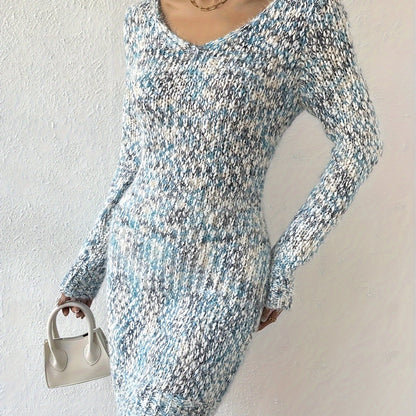 Colorful V Neck Bodycon Sweater Dress, Sexy Long Sleeve Knitted Dress For Fall & Winter, Women's Clothing