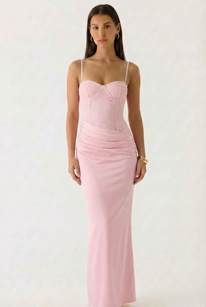 Robe de Soirée Rose Pastel à Bustier Corset en Dentelle et Jupe Fluide