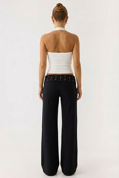 Pantalon Evasé Fluide à Taille Haute Ornée – Confort