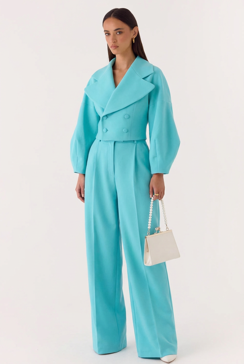 Ensemble Deux Pièces Chic – Veste Croisée Courte et Pantalon Palazzo à Pinces