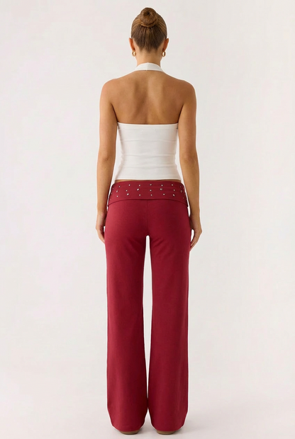 Pantalon Evasé Fluide à Taille Haute Ornée – Confort