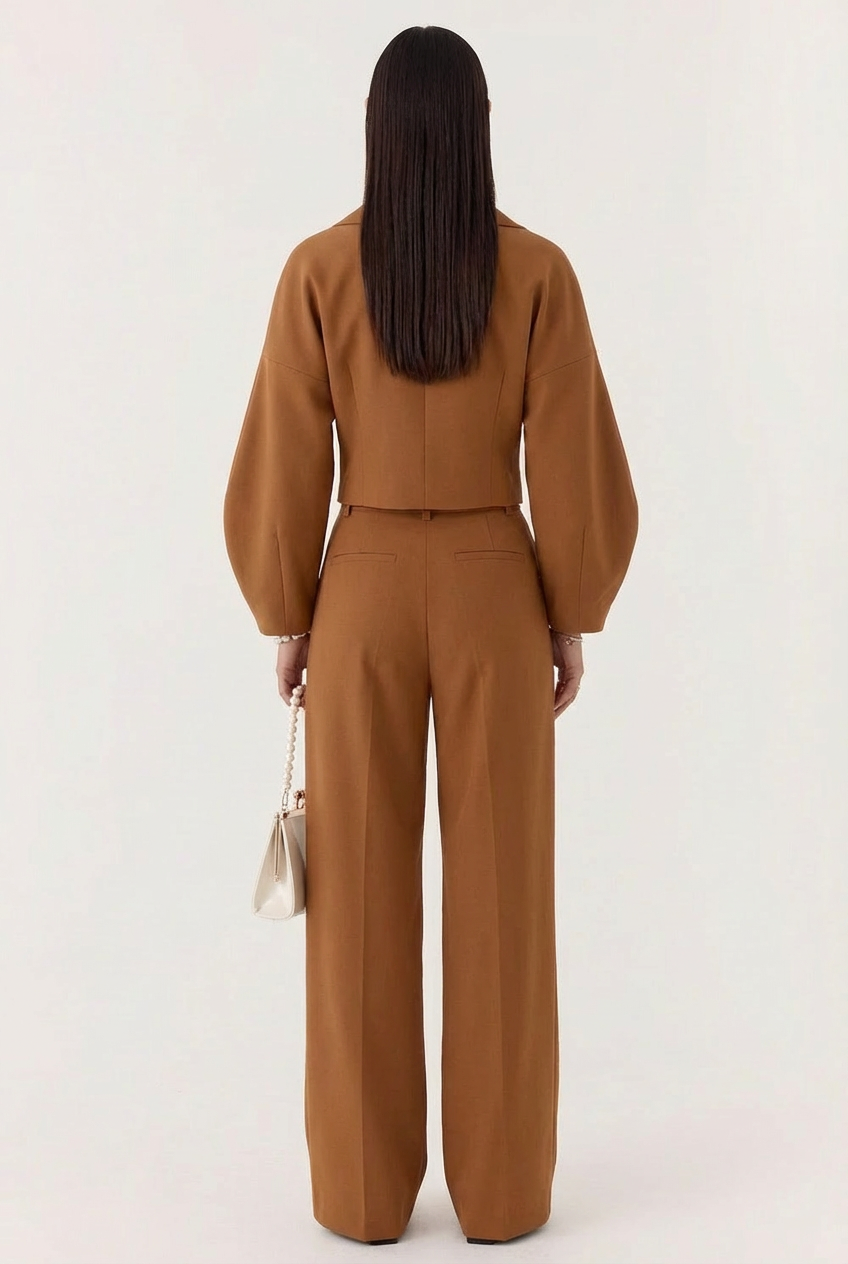 Ensemble Deux Pièces Chic – Veste Croisée Courte et Pantalon Palazzo à Pinces