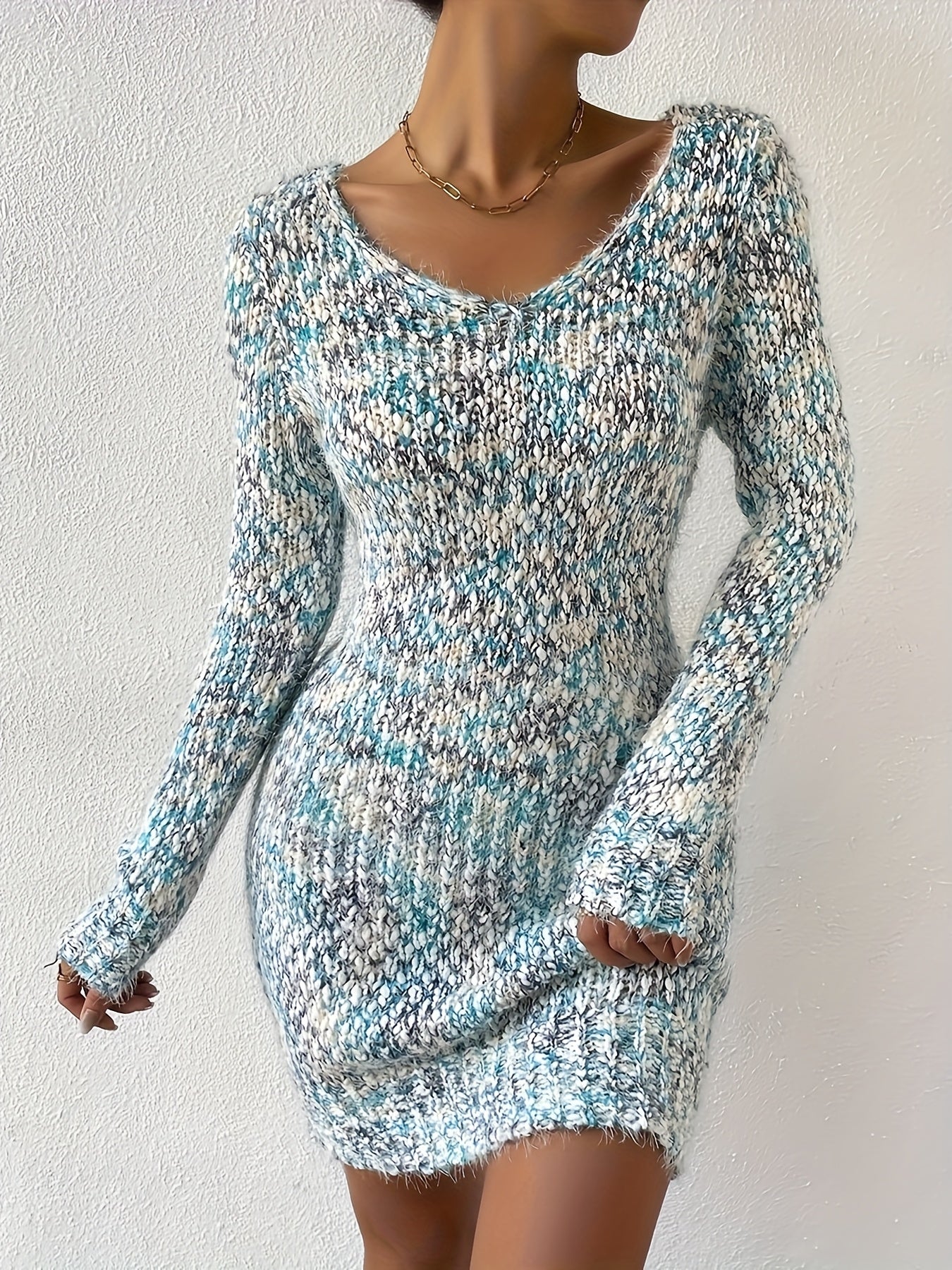 Colorful V Neck Bodycon Sweater Dress, Sexy Long Sleeve Knitted Dress For Fall & Winter, Women's Clothing