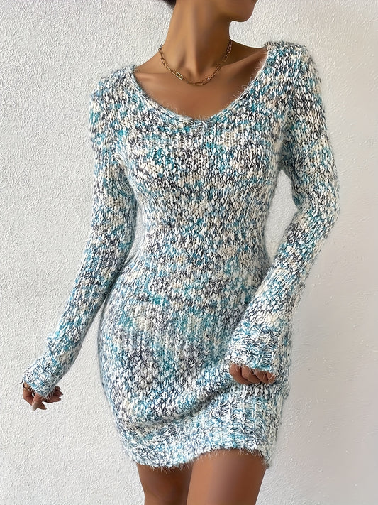 Colorful V Neck Bodycon Sweater Dress, Sexy Long Sleeve Knitted Dress For Fall & Winter, Women's Clothing