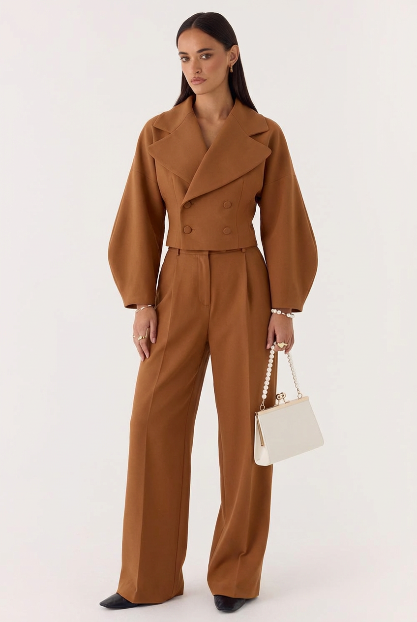 Ensemble Deux Pièces Chic – Veste Croisée Courte et Pantalon Palazzo à Pinces