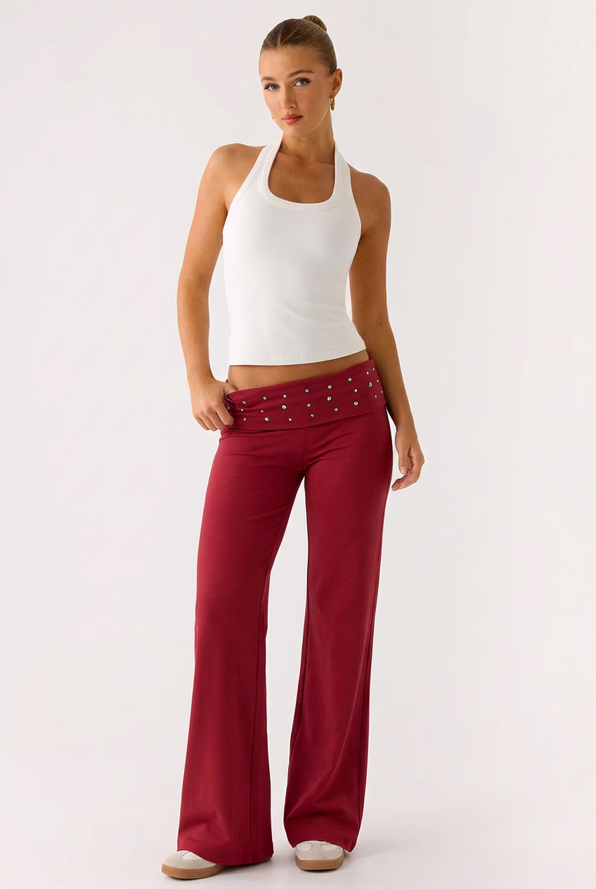 Pantalon Evasé Fluide à Taille Haute Ornée – Confort