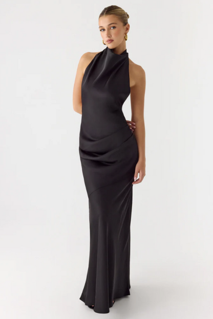 Robe de Soirée Satinée à Col Montant et Dos Nu - Coupe Ajustée