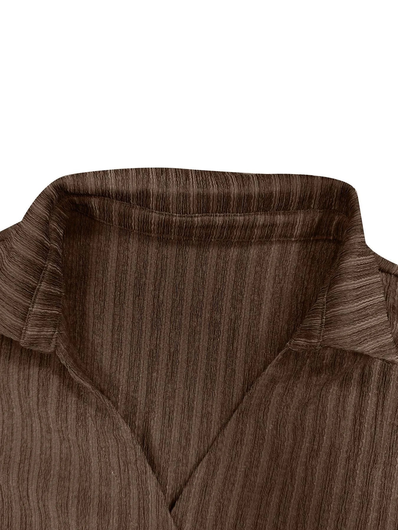 Chemisier Cintré à Mailles Nervurées Marron avec Manches Évasées