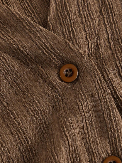 Chemisier Cintré à Mailles Nervurées Marron avec Manches Évasées