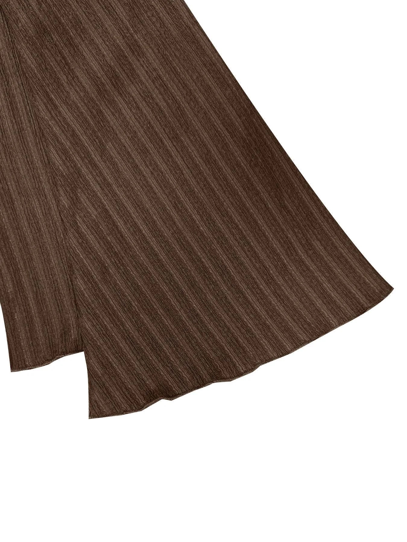 Chemisier Cintré à Mailles Nervurées Marron avec Manches Évasées