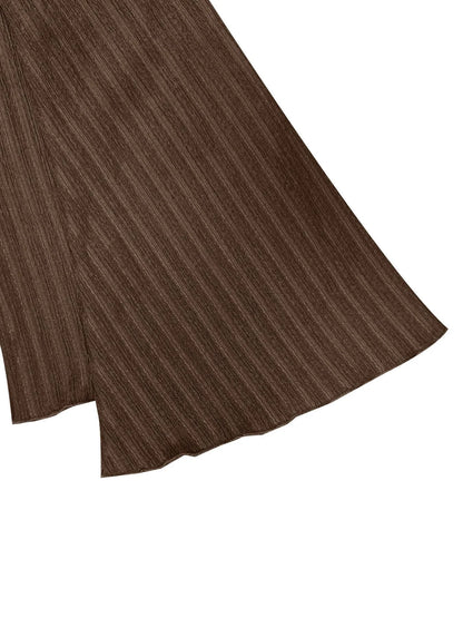 Chemisier Cintré à Mailles Nervurées Marron avec Manches Évasées