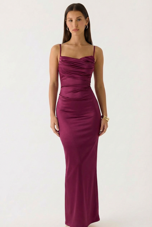 Robe Demoiselle d'Honneur Satinée à Bustier Plissé et Nœud Arrière