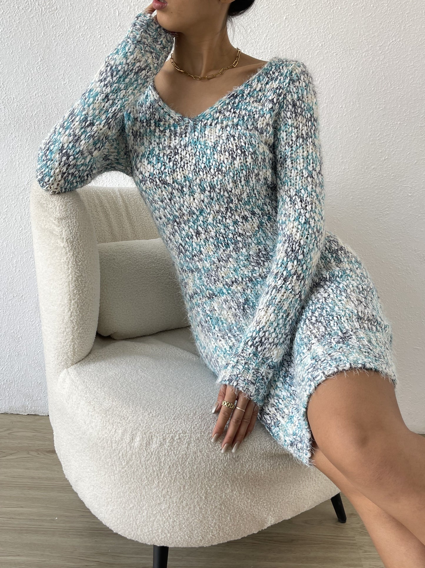 Colorful V Neck Bodycon Sweater Dress, Sexy Long Sleeve Knitted Dress For Fall & Winter, Women's Clothing