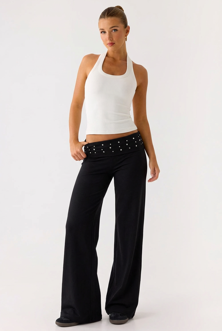 Pantalon Evasé Fluide à Taille Haute Ornée – Confort