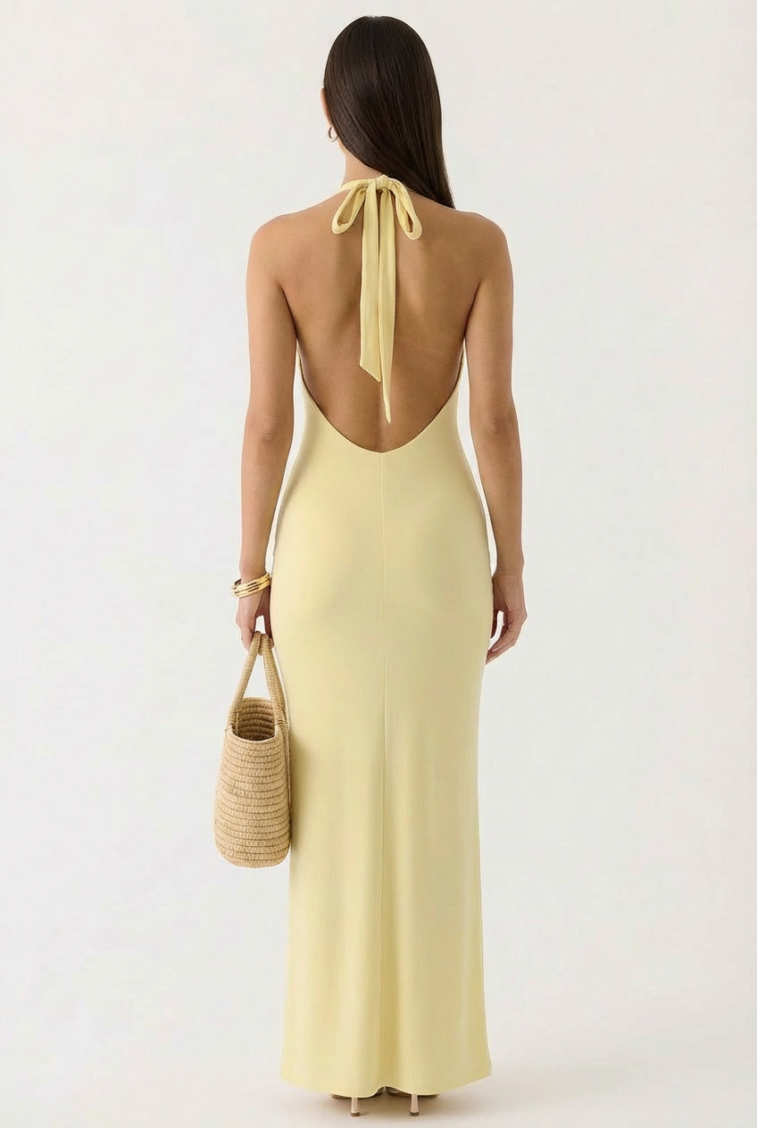 Robe Longue Jaune Pastel Dos Nu à Encolure Halter