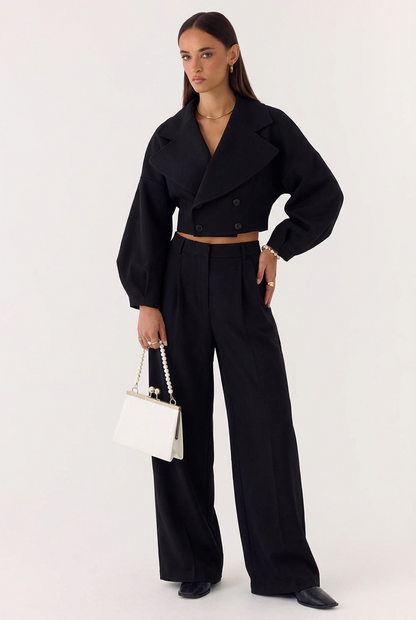 Ensemble Deux Pièces Chic – Veste Croisée Courte et Pantalon Palazzo à Pinces
