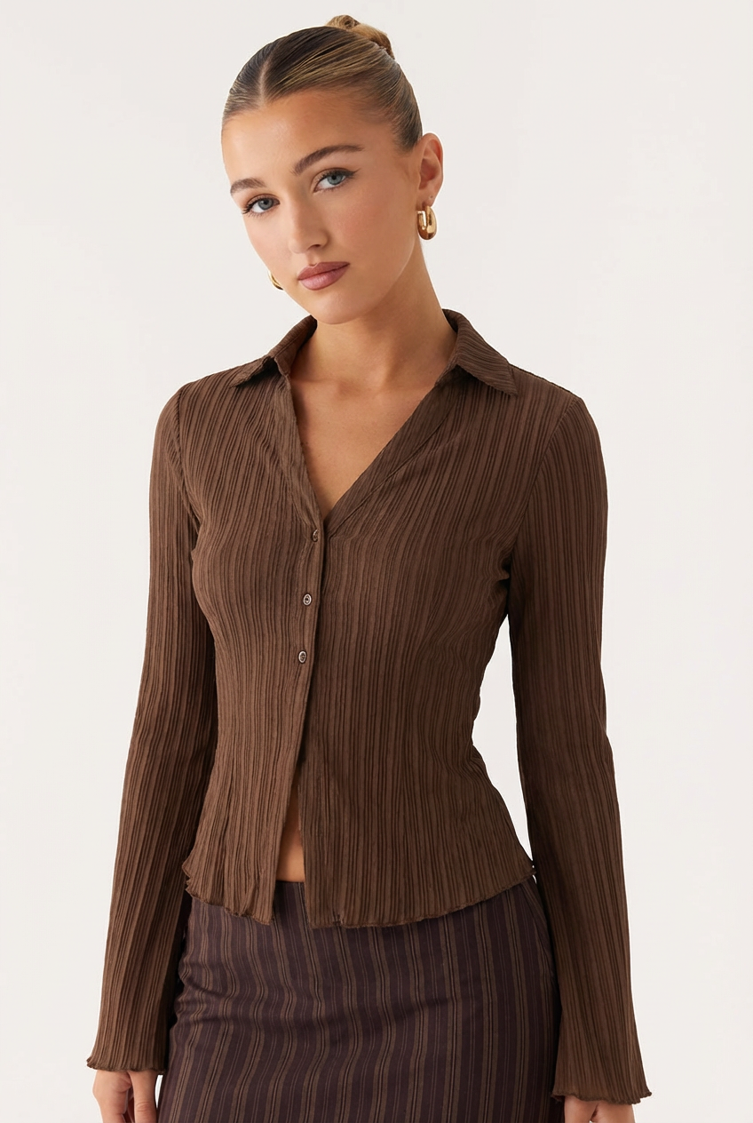 Chemisier Cintré à Mailles Nervurées Marron avec Manches Évasées