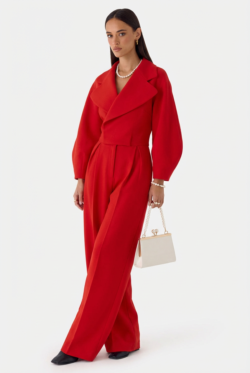 Ensemble Deux Pièces Chic – Veste Croisée Courte et Pantalon Palazzo à Pinces