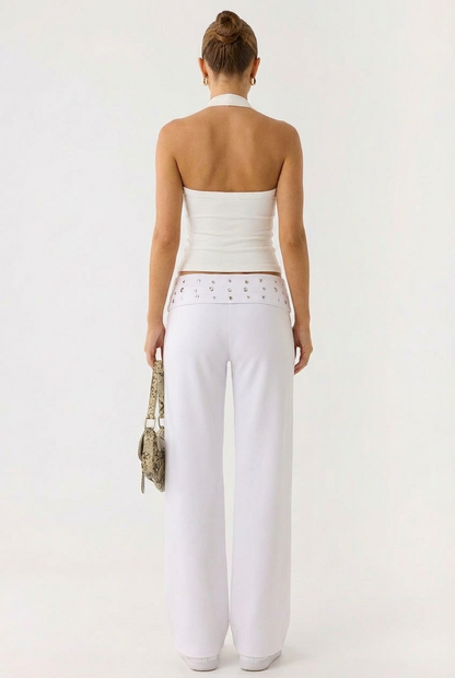 Pantalon Evasé Fluide à Taille Haute Ornée – Confort