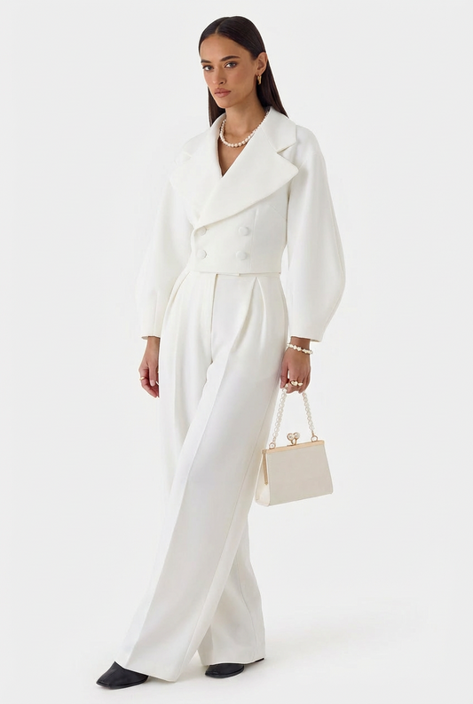 Ensemble Deux Pièces Chic – Veste Croisée Courte et Pantalon Palazzo à Pinces