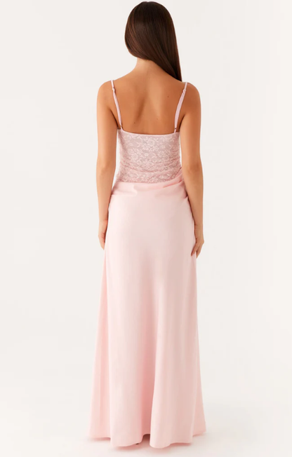 Robe de Soirée Rose Pastel à Bustier Corset en Dentelle et Jupe Fluide
